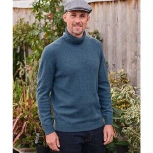 WoolOvers Mens $102 Turtleneck 100% Lambswool Sweater Sz L Blue Preppy Classic